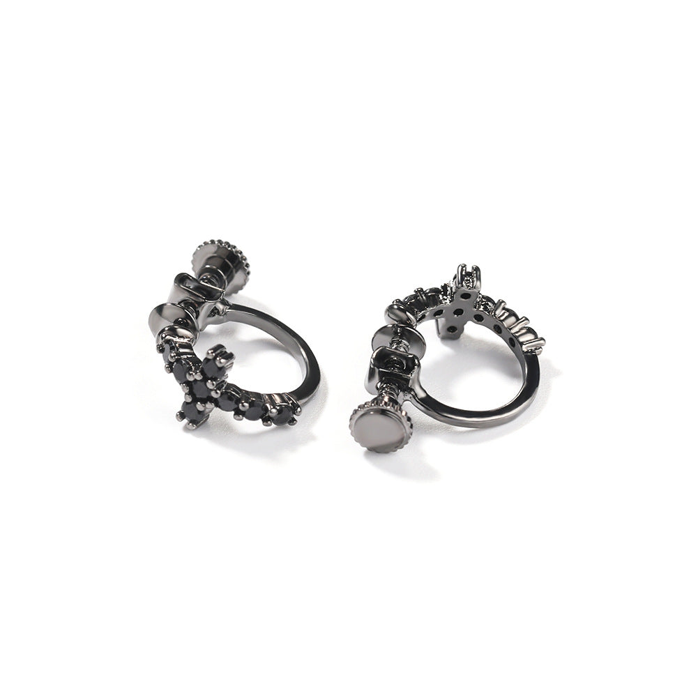 Hip Hop Zircon Black Spiral Clasp Cross Earrings